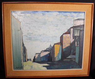 Listed Artist, Gonzalo Sebastian Oil On Canvas Painting Of Street Scene Perspective - Cube Structure, Signed