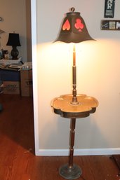 Unique Arts & Crafts Copper Floor Lamp With Clover Shape Stand, Red Glass Inserts & Drawers.