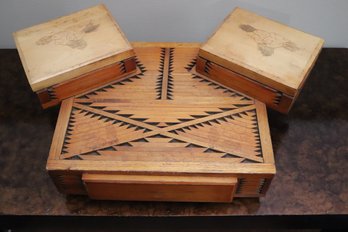 Highly Unusual Western Motif Wooden Box With Zig Zag Overlay