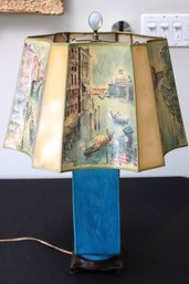 Vintage Opaline Blue Asian Style Table Lamp With Cherry Blossom Accents, Including A Shade With Printed Scenes