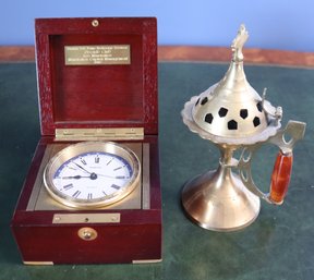 Brass Incense Holder And Monogramed Box With Hampton Quartz  Clock