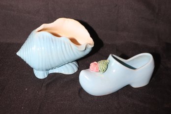 Vintage 1950s Mcoy Pottery Includes A Blue Dutch Shoe With Rose And Roseville USA Conch Shell Planter