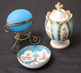Miniature Hand Painted Dish From Austria, Hand Painted Limoge Piece And Opaline Blue Toned Egg-shaped Perfume