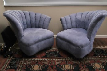 Pair Of Hollywood Regency Style Curved Chairs With Shell Shaped Backs In Blue Suede?