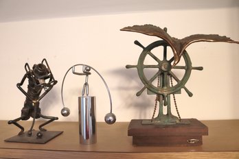 Metal Screw Art, And Book End By C. Jere, With Brass Seagull And  Ships Wheel