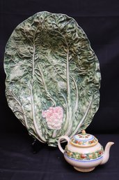 Oversized Cauliflower Leaf Serving Bowl Made In Italy And A Hand Painted English Teapot.