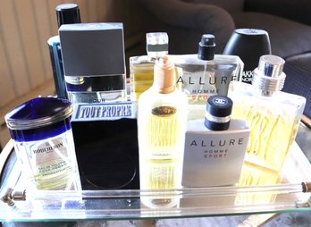 Art Deco Mirrored Vanity Tray With Large Assortment Of Mens Colognes Including Chanel Allure