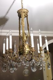 Vintage/Antique Gorgeous French Bronze Chandelier With 9 Scrolled Arms And Dangling Crystal Accents