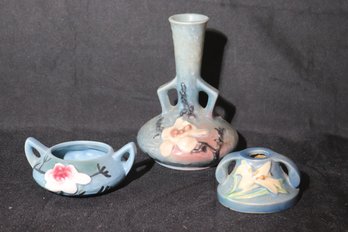 Vintage Roseville USA Art Pottery Including Magnolia Blue Bud Vase, Candle Holder And Creamer Bowl