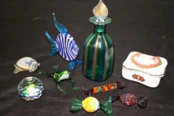 Collection Of Assorted Blown Glass Miniatures Includes, Frog, Fish, Turtle, Candies & Hand-blown Bottle.