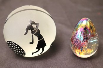 Signed Glass Paperweight Dcor Includes Frosted Sphere With Golf Themed Accents And Iridescent Egg