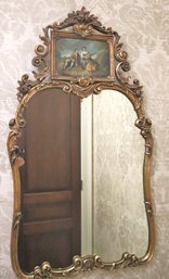 Gorgeous Antique Carved Wood Trumeau Mirror With A Painting Of Lovers Courting And Lovely Carved Floret Accent