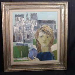 Vintage Oil Painting On Canvas, Young Girl W Dove, Notre Dame Cathedral In Background, Signed Saito, Red Seal