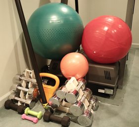 Stainless Dumbbells - 5-20lb Including 18lb Body Bar, Gaiam Exercise Ball, Kettle Grip Conversion & More