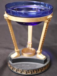 Brass Versace Style Tealight Candle Holder With Greek Key Pattern And Cobalt Blue Glass Insert Made In Italy