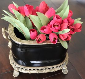 Andrea By Sadek Footed Planter Basket With Brass Details On The Handles