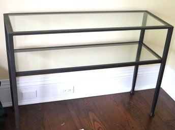 Contemporary Metal Console With Glass Shelves Looks To Be From Crate & Barrel