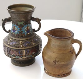 Champleve Urn With Dragon Handles & Earthenware Pitcher