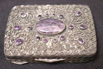 STERLING SILVER VINTAGE PILL BOX DECORATED WITH AMETHYST STONES