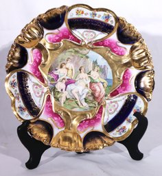 Large, Antique Porcelain Cabinet Plate With Gilded Tulip Design- Center Panel, Depicting, Lovely Maidens