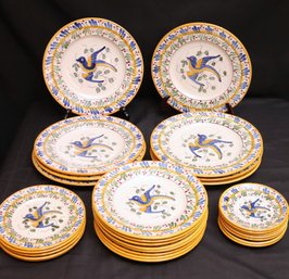 V.L. Lisboa Lisbon Hand Painted Faience Dishes With Bluebirds And Floral Trim Design.