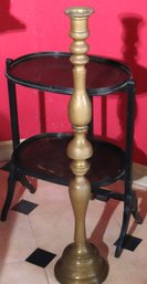 Tall 33-inch Brass Candlestick And 2-tiered Wood Stand/shelf
