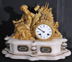 Mid-19th Century Marble/ Alabaster Mantle Clock With Dore Bronze Female Figure Holding Sheaf Of Wheat.