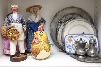 An Assortment Of Antique French Plates With Pewter Frames And French Traditional Terracotta Figurines,