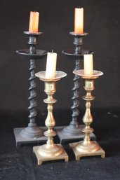 Collection Of Candlesticks Including A Quality Brass Set And Black Metal Pair With A Barley Twist Design