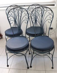 Set Of 4 Wrought Iron Dining Chairs With Tall Backs, Painted Blue