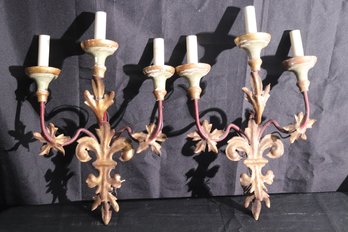 Pair Of Antique Gilded Metal Three Arm Wall Sconces With Fleur De Lis Design, Electrified.