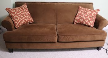 Bauhaus Furniture Light Brown Velvet Sofa With Wooden Legs, And  Nail Head Trim.