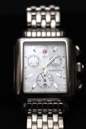 Michele Chronographic Mens Watch. - Link Chain Bracelet Clean Bezel - Stainless Band - Mother Of Pearl Face.