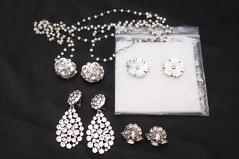Four Pairs Of Sparkly, Blingy Clip On Earrings Oscar De La Renta And Necklace, MOP Floral An Diamond Chips