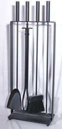 American Mid- Century Modern Solid Iron Fireplace Tool Set With Original Stand.