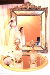 Fancy Little Mirror With Vanity Tray, Perfume Bottles & Figurine Of Red-haired Beauty