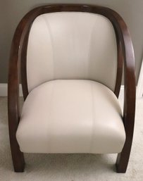 Art Deco Inspired, Curved Back Chair With Mahogany Frame And Taupe Leather By Maria Yee.