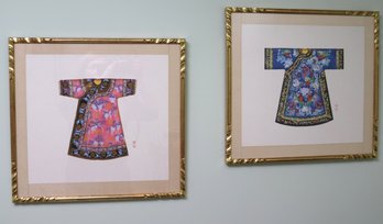Two Detailed Watercolor Paintings Of Chinese Qing Dynasty Emperor Robes,