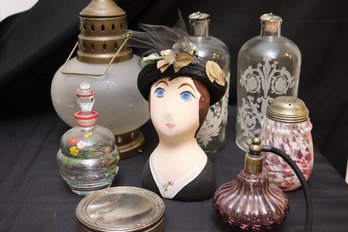 Apothecary Jars And An Assortment Of Vintage Items Including Perfume Bottles And Glass Lantern.