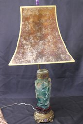 Gorgeous Vintage Style Carved Green Fluorite Asian Table Lamp With Amethyst Accents And Amber Toned Mica Shade