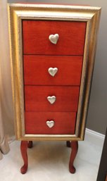 Unique, Whimsical, 4 Drawer Wooden Chest With Gold Border Frame And Silver Heart Knobs.