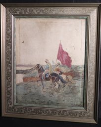 Signed Antique Oil Painting On Canvas Depicting Arab Soldiers On Horseback With Red Flag.