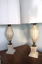 Pair Of Vintage 1950s Era Murano Glass Lamps With Bubbles On Marble Bases