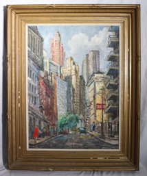 Ernest Gyimesi Kasas Hungarian Artist Mid- Century Textured Painting Of NYC Buildings, Gilded Frame Pearl St.