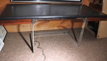 MCM Desk Style Of George Nelson, With Chrome Legs And Black Naugahyde Top