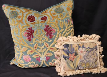 Quality Decorative Accent Pillows, Velvet Like Floral Design And Smaller Tapestry Style Zipper Pillow W Tassel