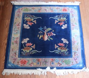 Small Vintage Chinese Handmade Rug With Lily Pads &  Floral Border