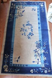Chinese Art Deco Handmade Wool Runner With Traditional Blue & Cream Colors