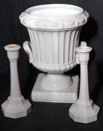 Urn Shaped Vase With Handles Made In Spain, Including A Pair Of Column Style Candle Pillars