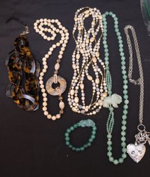 Lot Of Vintage Costume Jewelry Long Necklaces Including Green Stone Elephant And Faux Tortoiseshell Links Neck